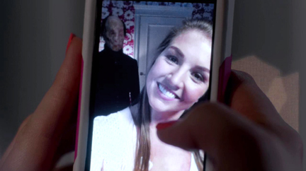 Casey sees the figure in the background of her selfie. Casey sees the figure in the background of her selfie.